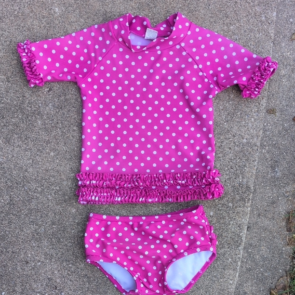 Ruffle Butts Pink and White Rashguard Swim Set